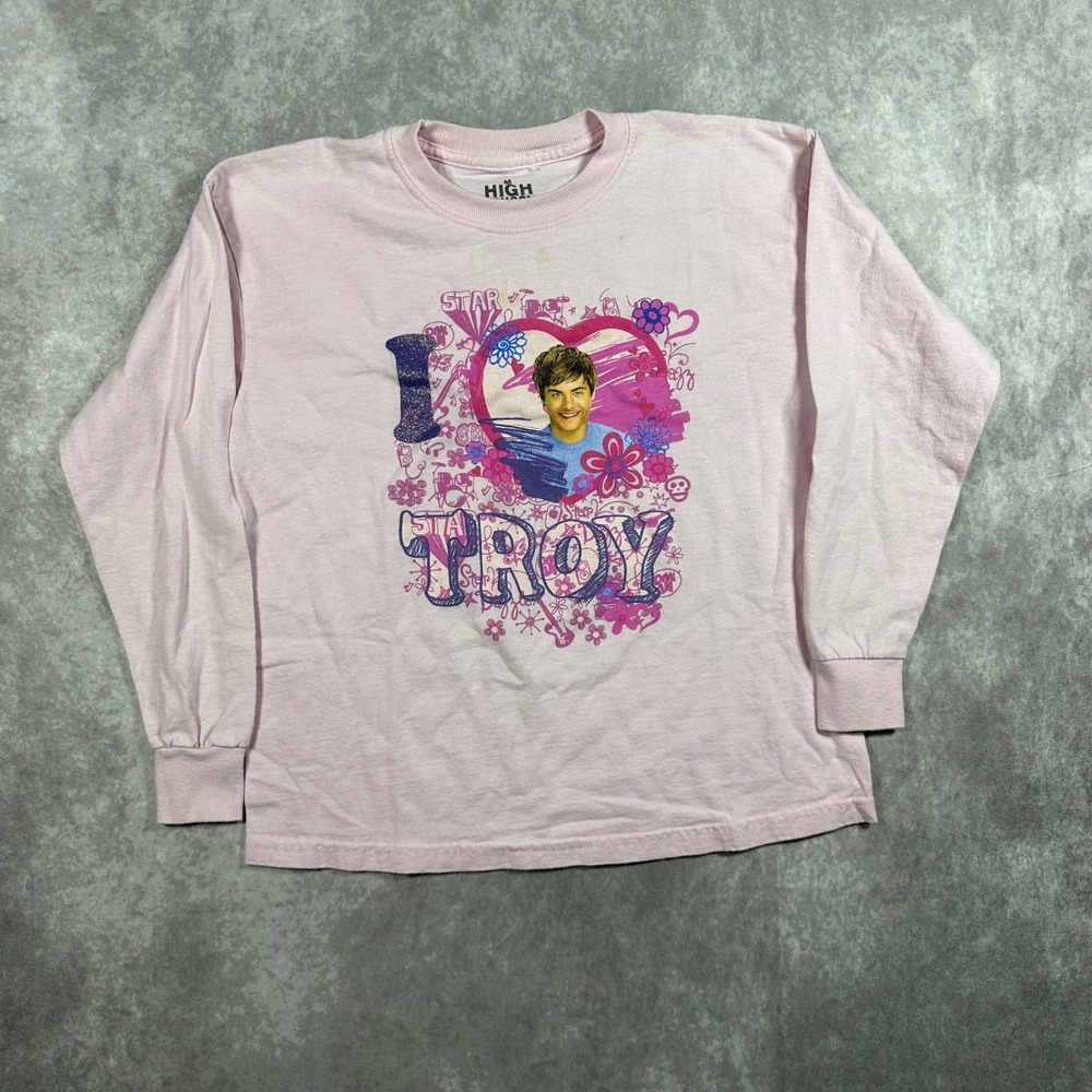 Disney High School Musical I Heart Troy Shirt Pink Y2K Style Zac Efron Girls M